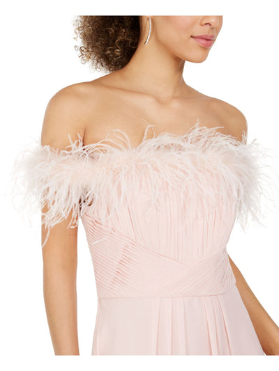 ELIZA J Womens Pleated Zippered Faux-feathered Gown Off Shoulder Full-Length Formal Dress