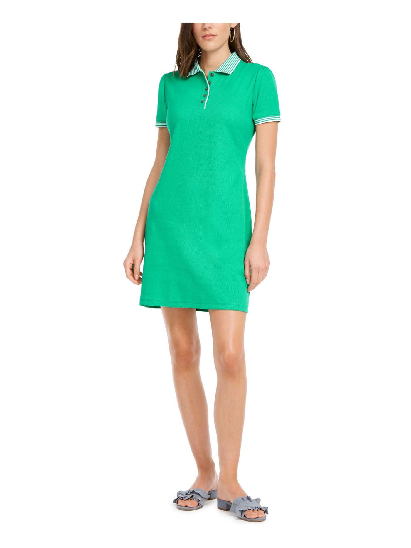 MAISON JULES Womens Green Printed Long Sleeve V Neck Short Sheath Dress L