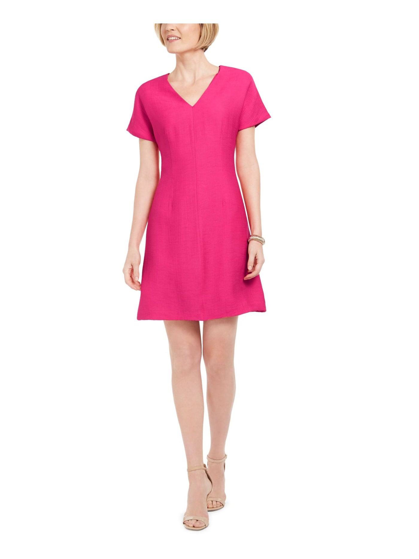 NATORI Womens Ribbed Short Sleeve V Neck Short Evening Fit + Flare Dress