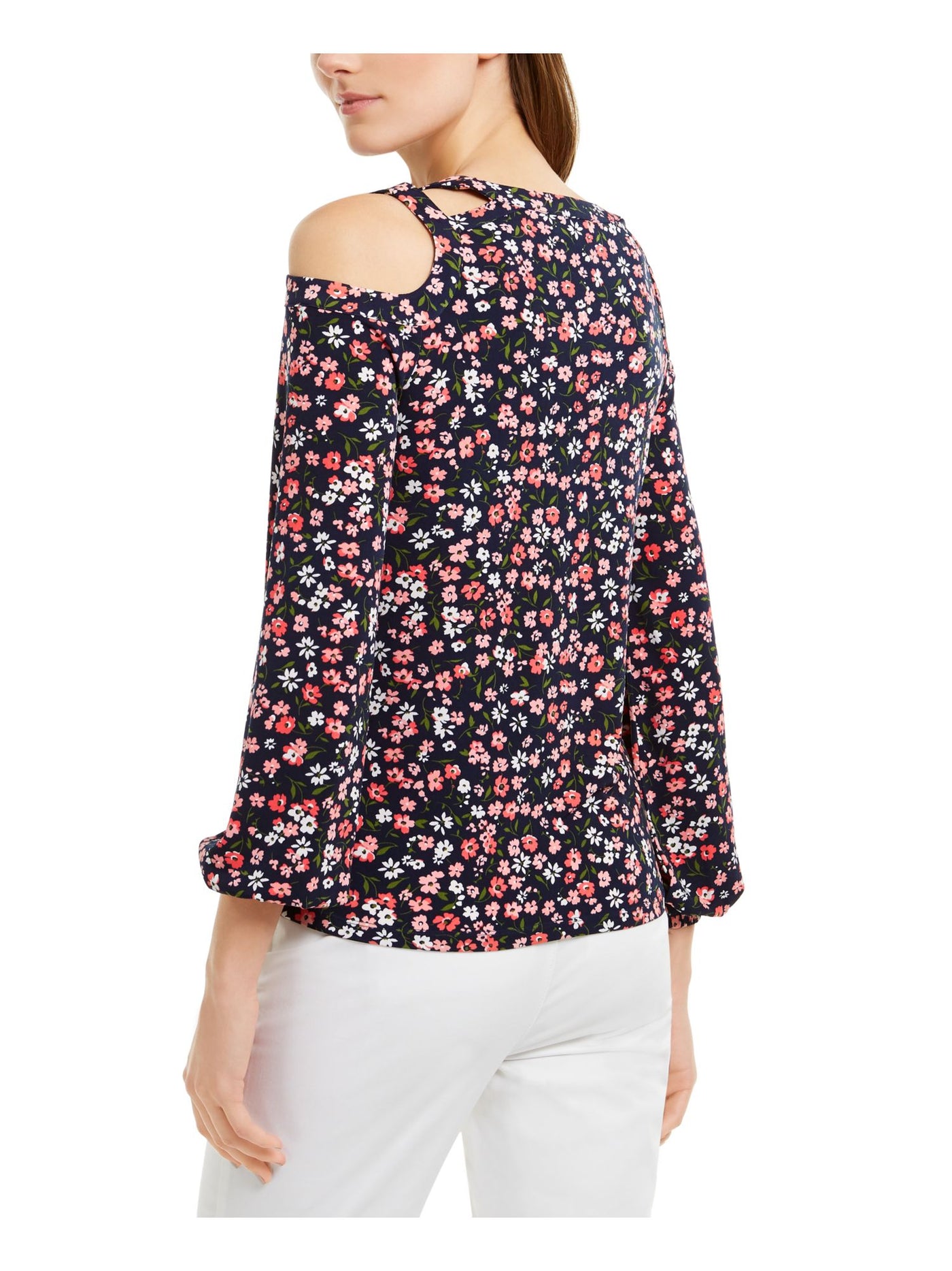 MICHAEL KORS Womens Navy Cold Shoulder Floral Long Sleeve V Neck Top XL