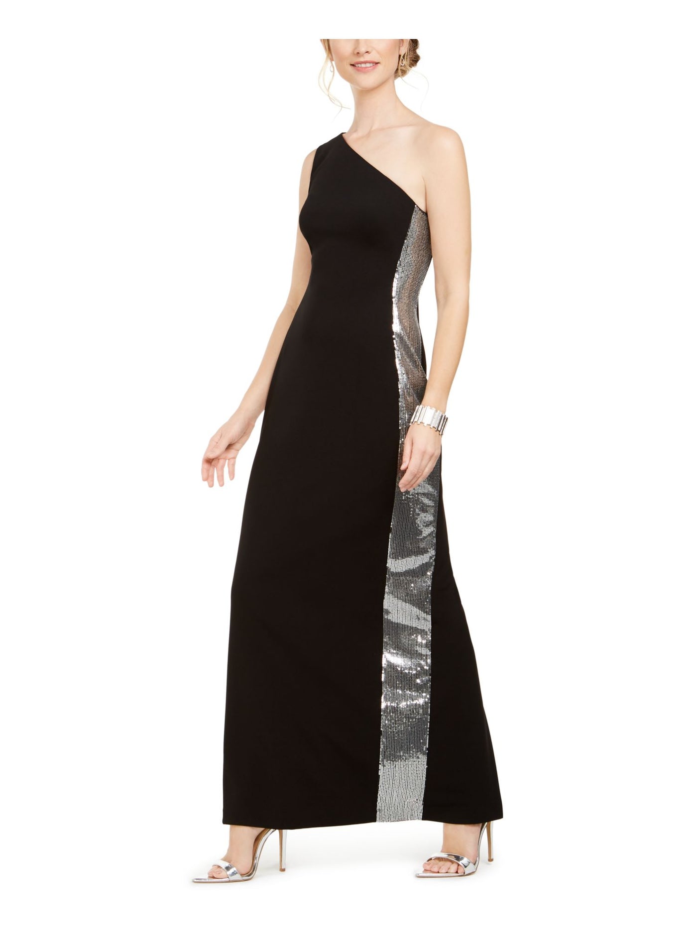 VINCE CAMUTO Womens Sequined Slitted One-shoulder Sleeveless Asymmetrical Neckline Maxi Evening Dress