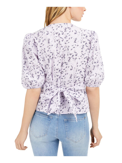 INC Womens Purple Tie Floral Short Sleeve V Neck Wrap Top Size: M