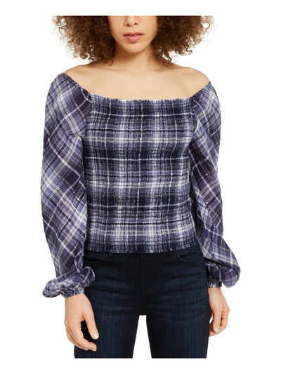 INC Womens Navy Shimmering Plaid Long Sleeve Square Neck Peasant Top XL