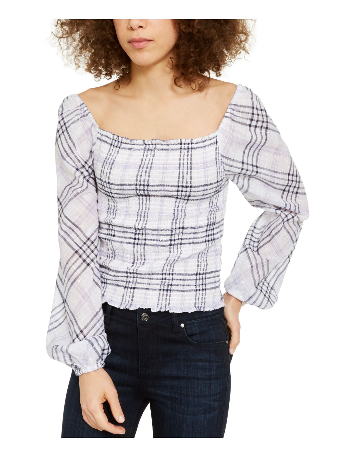 INC Womens White Ruched Plaid Long Sleeve Square Neck Top XXL