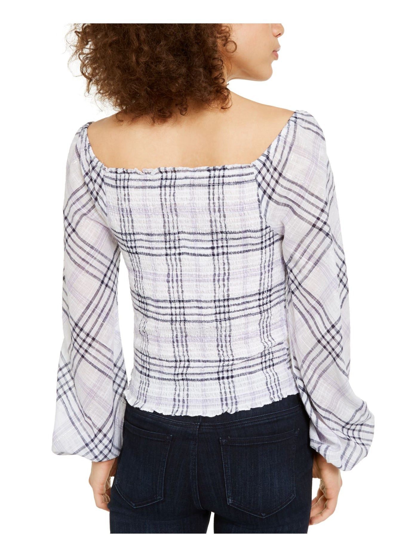 INC Womens Purple Ruched Plaid Long Sleeve Square Neck Top S