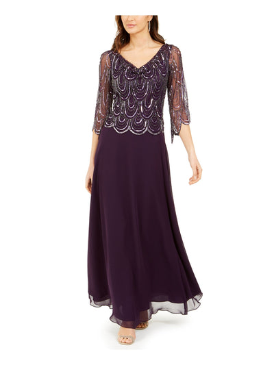 JKARA Womens Purple Sequined Beaded 3/4 Sleeve Cowl Neck Full-Length Evening Fit + Flare Dress 8