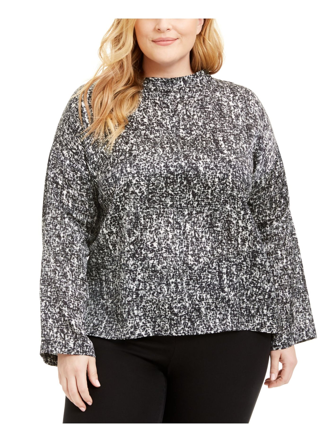 EILEEN FISHER Womens Black Printed Long Sleeve Mock Neck Wear To Work Top Plus 1X