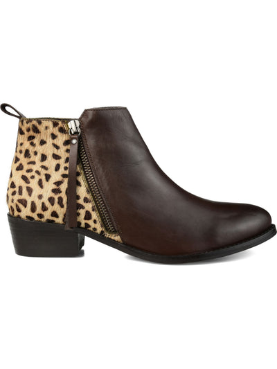 JOURNEE COLLECTION Womens Brown Leopard Print Pull Tab Comfort Shalece Round Toe Block Heel Zip-Up Leather Booties 8