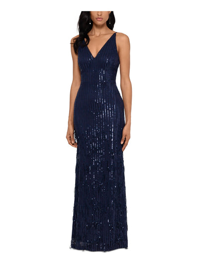 XSCAPE Womens Sequined Sleeveless V Neck Full-Length Evening Body Con Dress