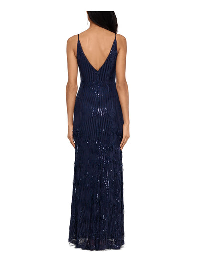 XSCAPE Womens Navy Sequined Sleeveless V Neck Full-Length Evening Body Con Dress 4