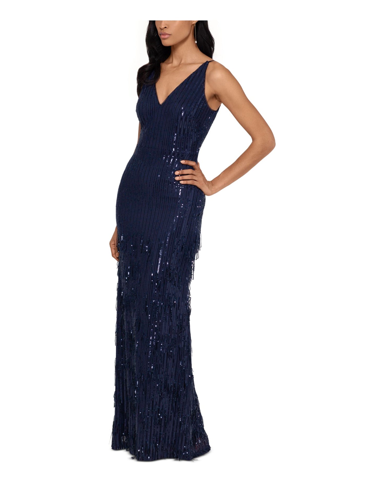 XSCAPE Womens Sequined Sleeveless V Neck Full-Length Evening Body Con Dress