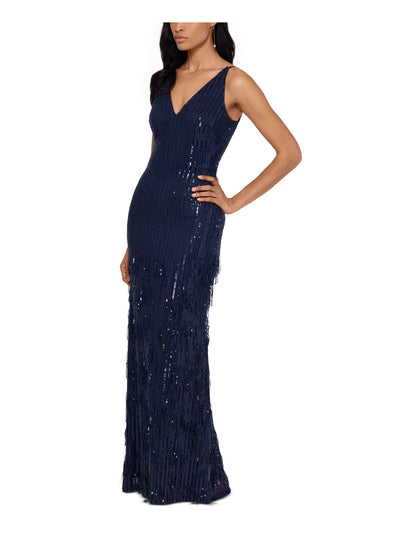 XSCAPE Womens Navy Sequined Sleeveless V Neck Full-Length Evening Body Con Dress 4