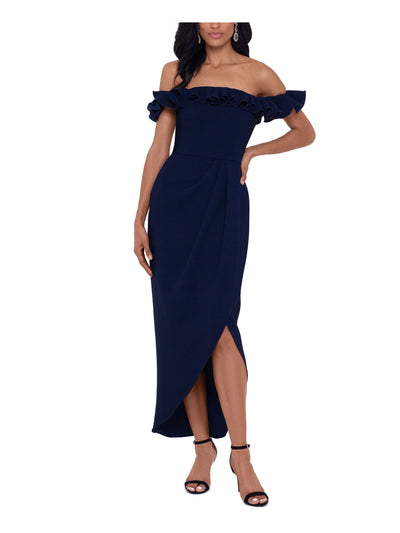 XSCAPE Womens Navy Ruffled Zippered Gown Flutter Off Shoulder Knee Length Evening Tulip Dress 4