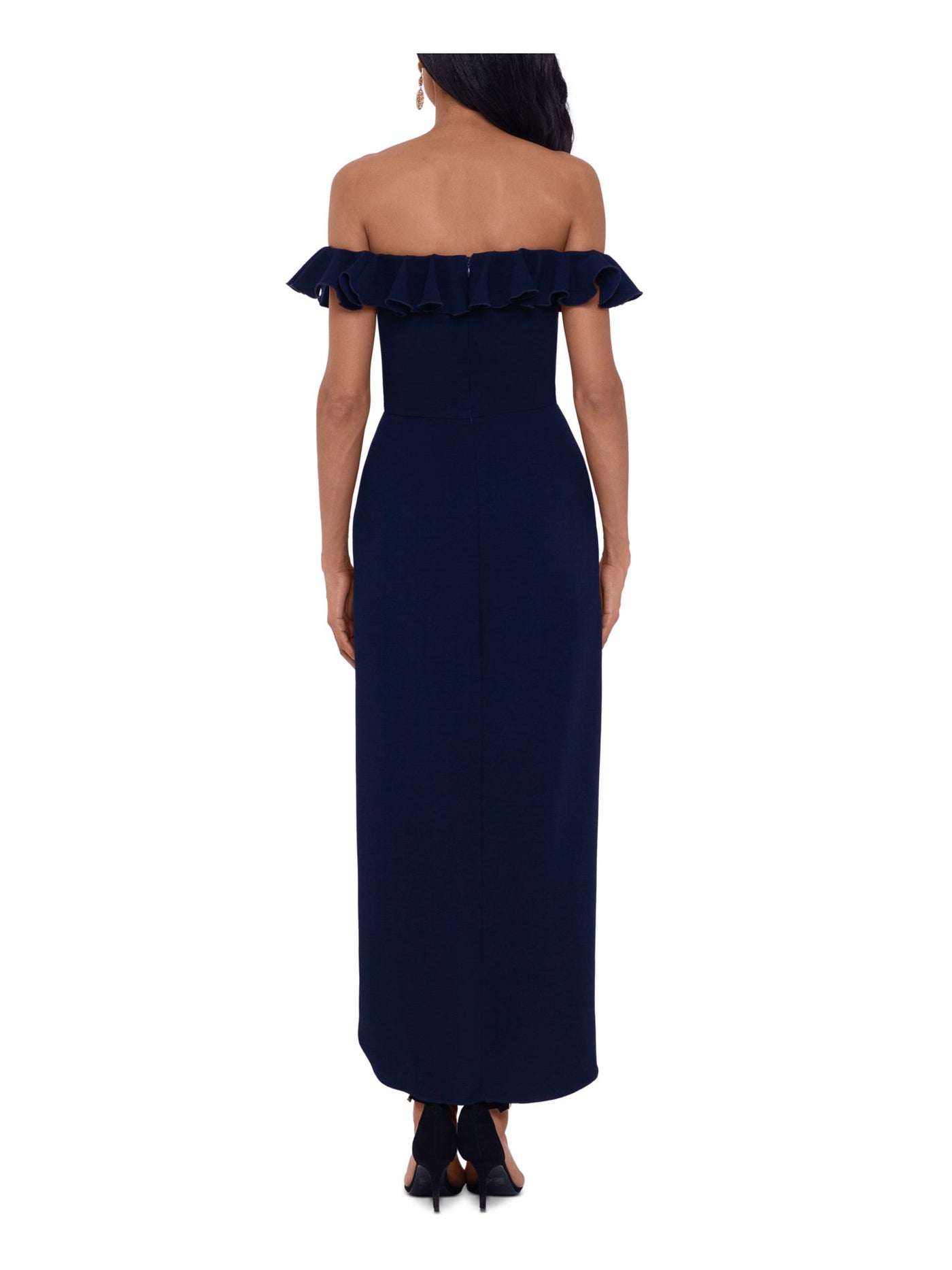 XSCAPE Womens Navy Ruffled Zippered Gown Flutter Off Shoulder Knee Length Evening Tulip Dress 10