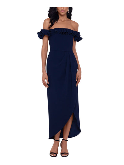 XSCAPE Womens Navy Ruffled Zippered Gown Flutter Off Shoulder Knee Length Evening Tulip Dress 4