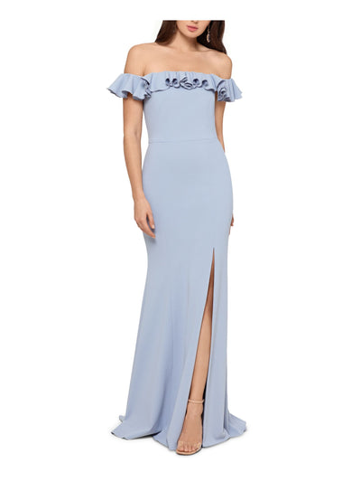 XSCAPE Womens Light Blue Slitted Cap Sleeve Off Shoulder Full-Length Evening Shift Dress 4