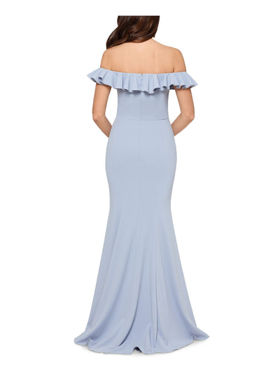 XSCAPE Womens Light Blue Slitted Cap Sleeve Off Shoulder Full-Length Evening Shift Dress 4