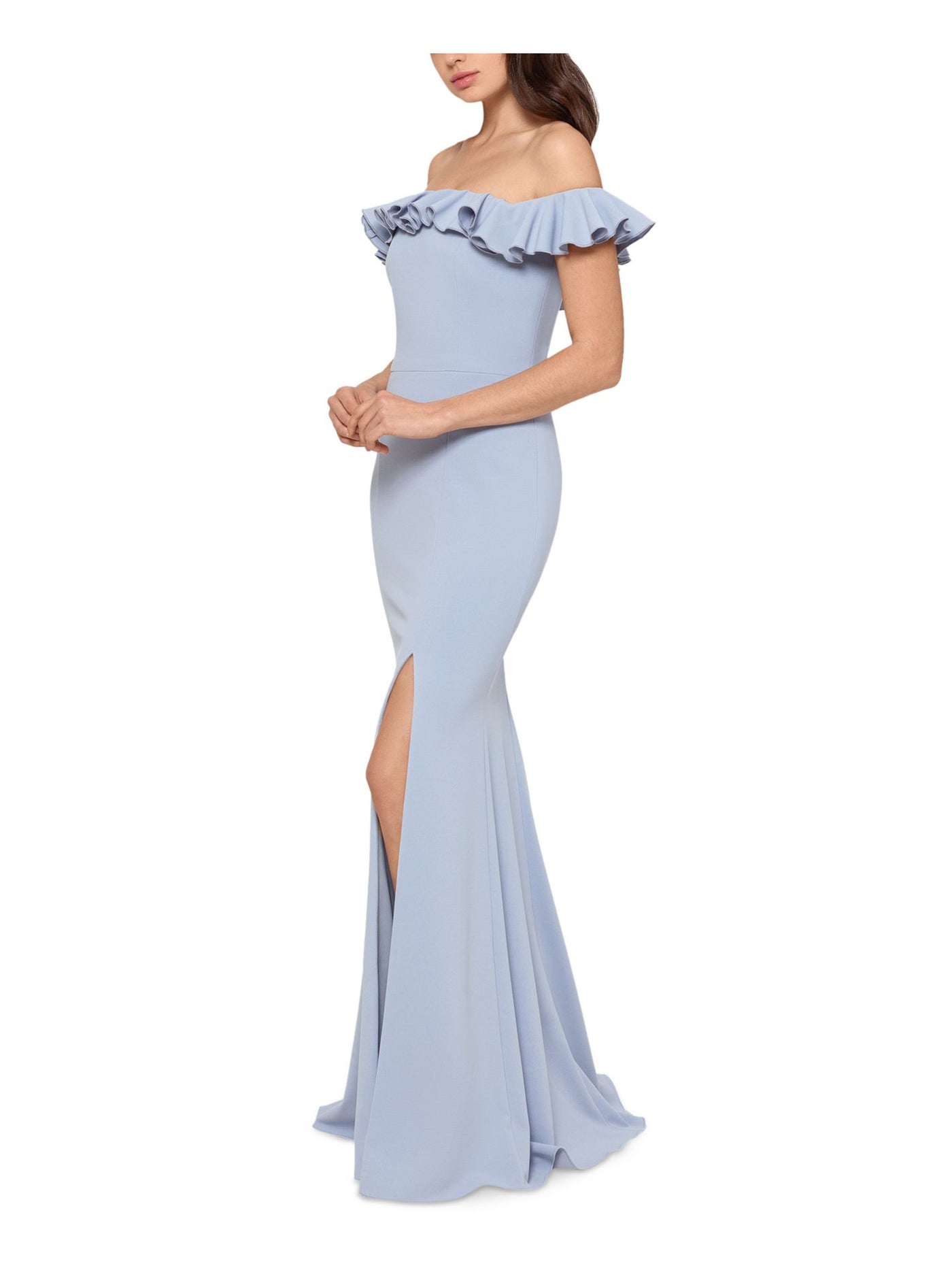 XSCAPE Womens Light Blue Slitted Cap Sleeve Off Shoulder Full-Length Evening Shift Dress 4