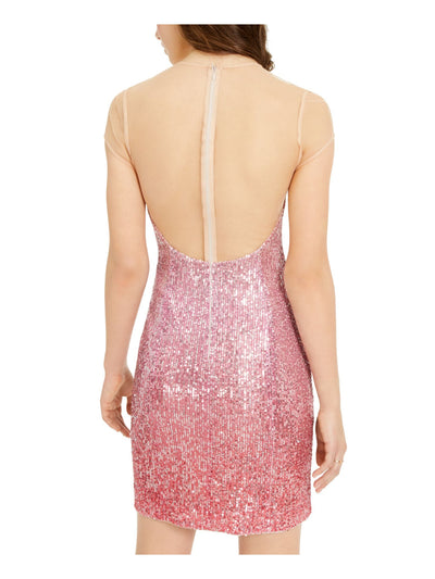 BEBE Womens Pink Sequined Zippered Sweetheart Plunge Ombre Cap Sleeve Illusion Neckline Mini Party Body Con Dress M