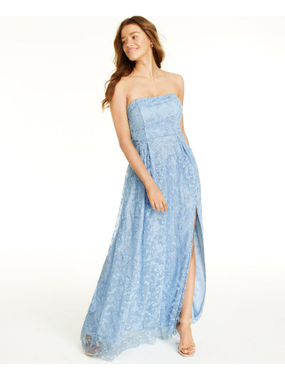 JUMP APPAREL Womens Light Blue Slitted Sequined Lace-up Corset Closure Floral Strapless Full-Length Prom Sheath Dress Juniors 7\8