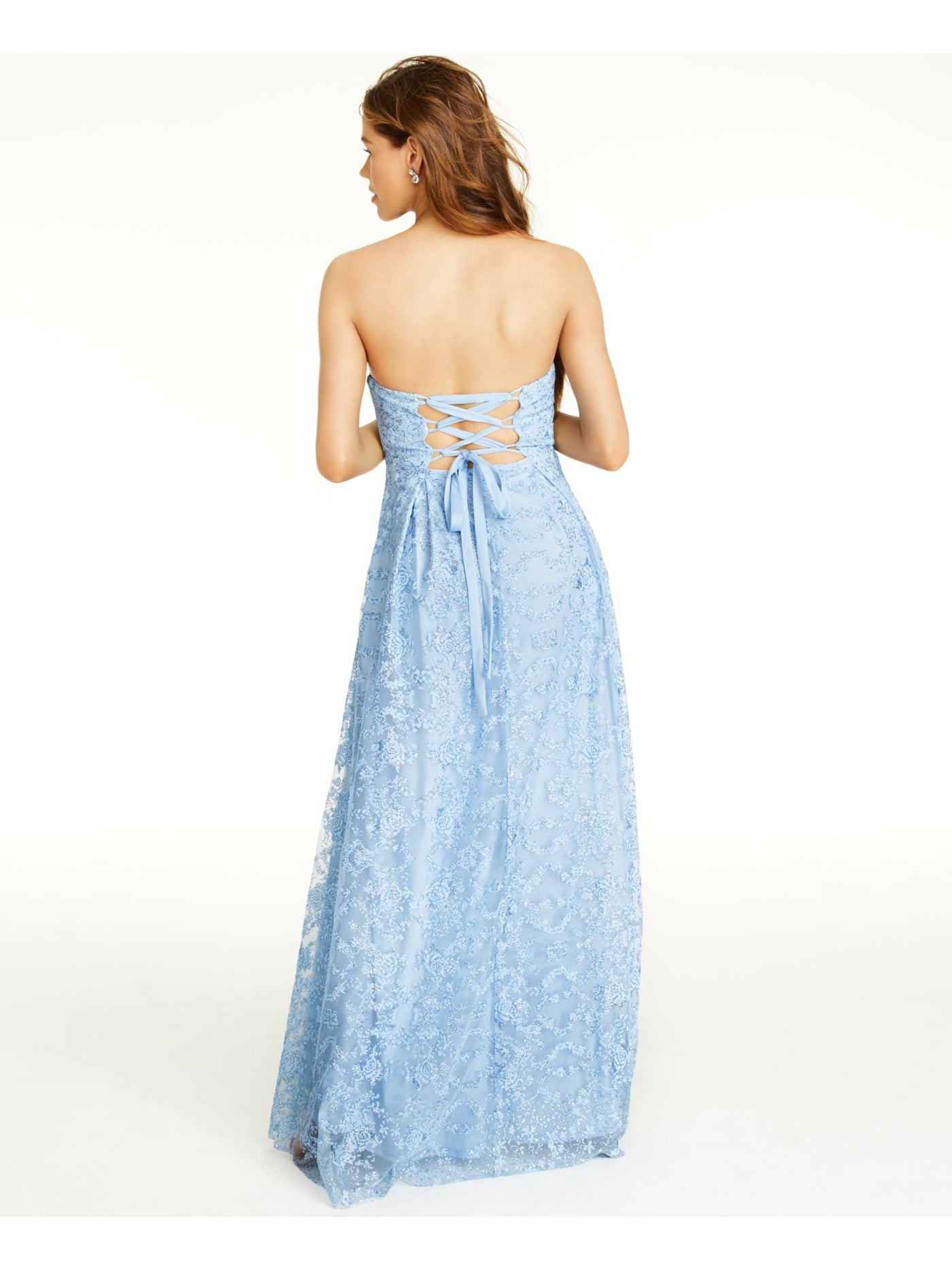 JUMP APPAREL Womens Light Blue Slitted Sequined Lace-up Corset Closure Floral Strapless Full-Length Prom Sheath Dress Juniors 7\8
