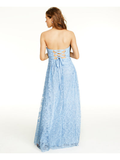 JUMP APPAREL Womens Light Blue Slitted Sequined Lace-up Corset Closure Floral Strapless Full-Length Prom Sheath Dress Juniors 7\8