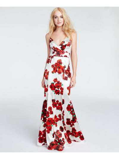 TEEZE ME Womens White Zippered Floral Spaghetti Strap Sweetheart Neckline Full-Length Fit + Flare Prom Dress 0