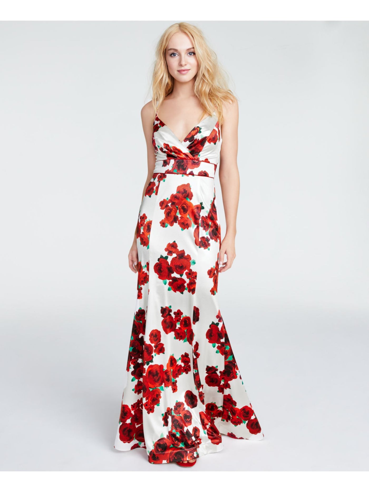TEEZE ME Womens White Zippered Floral Spaghetti Strap Sweetheart Neckline Full-Length Fit + Flare Prom Dress 1