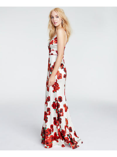TEEZE ME Womens White Zippered Floral Spaghetti Strap Sweetheart Neckline Full-Length Fit + Flare Prom Dress 0