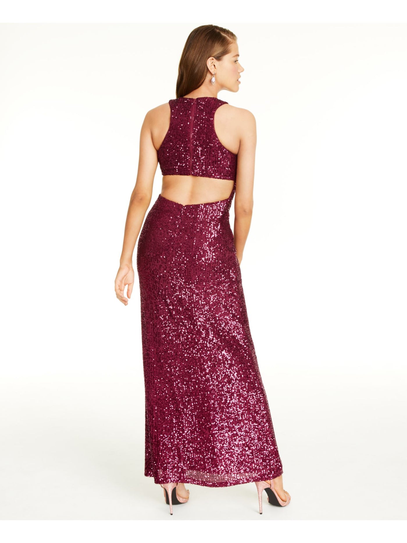 MORGAN & CO Womens Maroon Sequined Sleeveless Halter Full-Length Evening Shift Dress 9