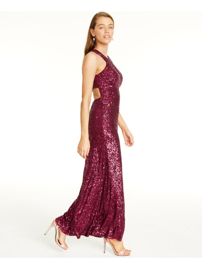 MORGAN & CO Womens Red Sequined Sleeveless Halter Full-Length Evening Shift Dress 7
