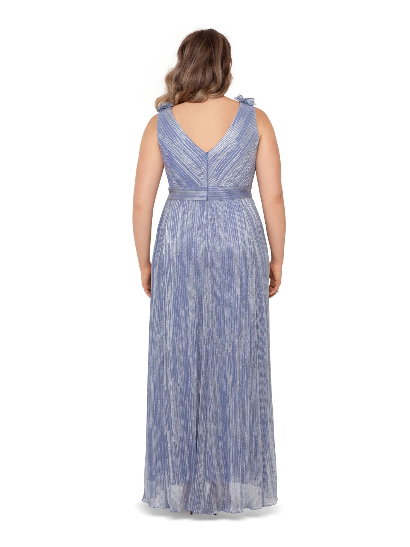 XSCAPE Womens Ruffled Zippered Metallic Gown Sleeveless V Neck Full-Length Formal Dress