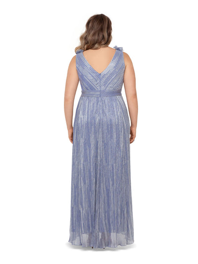 XSCAPE Womens Ruffled Zippered Metallic Gown Sleeveless V Neck Full-Length Formal Dress