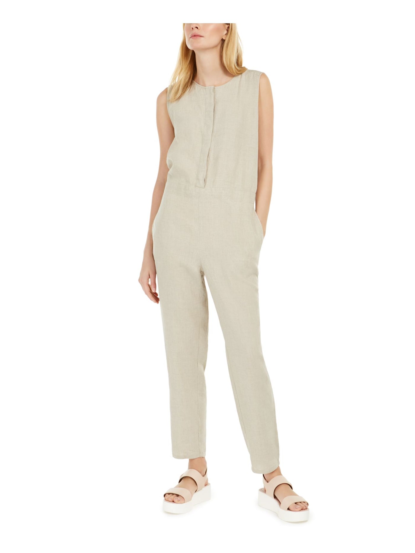 EILEEN FISHER Womens Beige Pocketed Organic Linen Sleeveless Crew Neck Straight leg Jumpsuit M