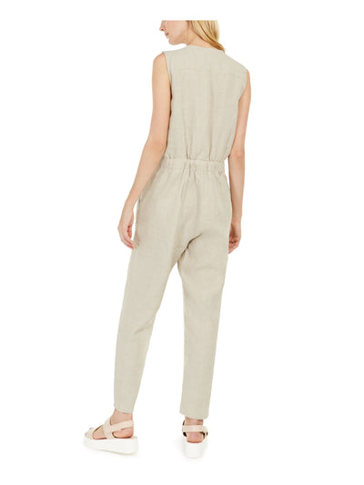 EILEEN FISHER Womens Beige Pocketed Organic Linen Sleeveless Crew Neck Straight leg Jumpsuit M