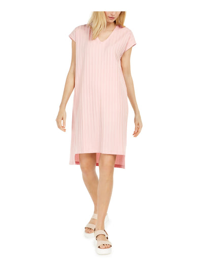 EILEEN FISHER Womens Pink Stretch Ribbed Hi-lo Hem Cap Sleeve V Neck Below The Knee Shift Dress XXS