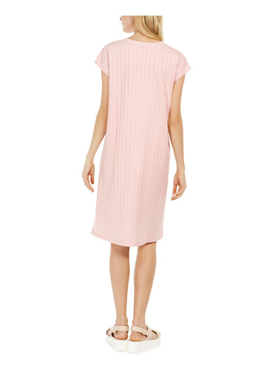 EILEEN FISHER Womens Pink Stretch Ribbed Hi-lo Hem Cap Sleeve V Neck Below The Knee Shift Dress XXS