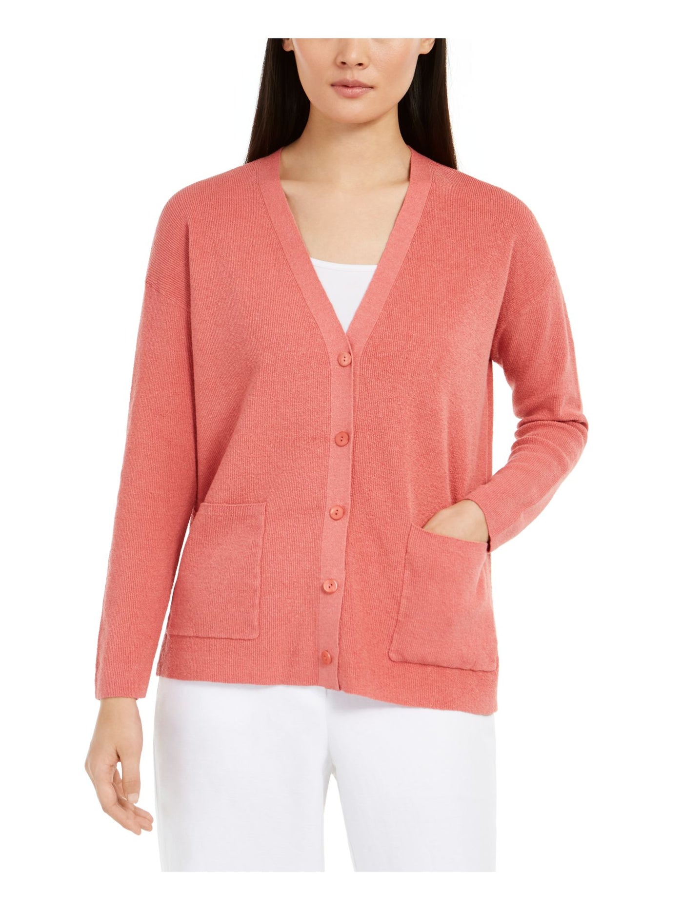 EILEEN FISHER Womens Coral Pocketed Long Sleeve Cardigan Sweater XL