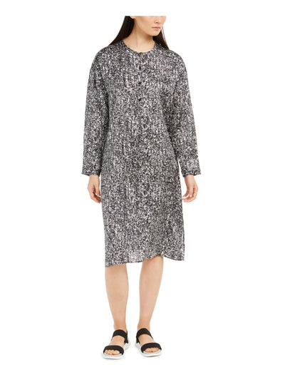 EILEEN FISHER Womens Black Printed Long Sleeve Crew Neck Knee Length Shift Dress M