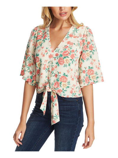 1. STATE Womens Short Sleeve Tie-front V Neck Top