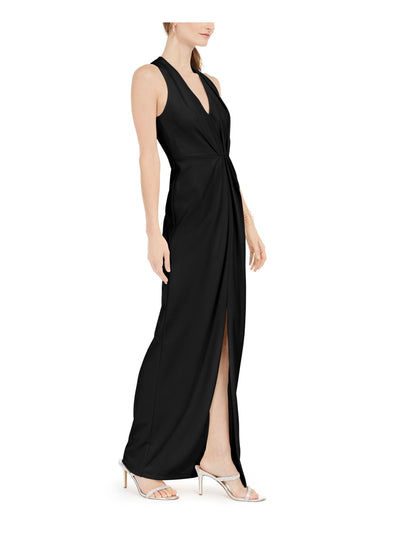 ADRIANNA PAPELL Womens Black Pleated Sleeveless V Neck Full-Length Evening Sheath Dress 4