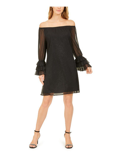 MSK Womens Black Glitter Sheer Ruffled Long Sleeve Off Shoulder Short Party Shift Dress S