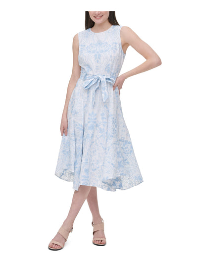 CALVIN KLEIN Womens Light Blue Floral Sleeveless Jewel Neck Below The Knee Fit + Flare Dress 10