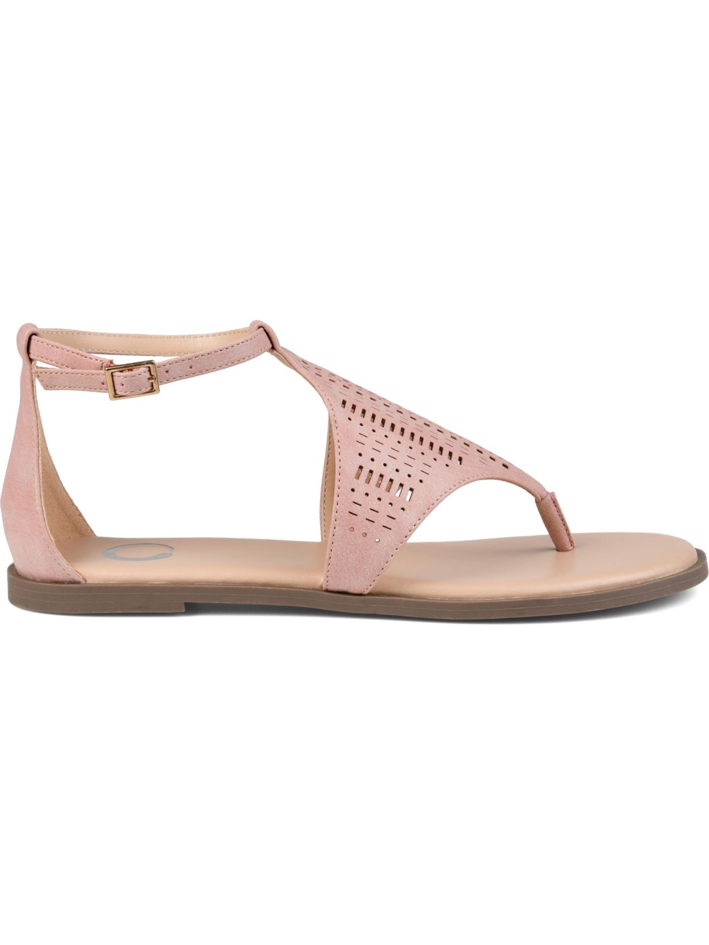 JOURNEE COLLECTION Womens Pink Laser Cut Half-Caged Design Cushioned Ankle Strap Niobi Round Toe Buckle Thong Sandals Shoes 5.5