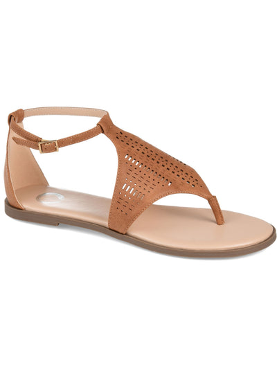 JOURNEE COLLECTION Womens Brown Laser Cut Half-Caged Design Cushioned Ankle Strap Niobi Round Toe Buckle Thong Sandals 7.5 M