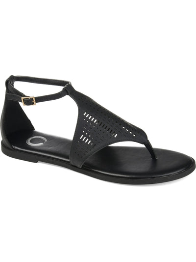JOURNEE COLLECTION Womens Black Laser Cut Half-Caged Design Cushioned Ankle Strap Niobi Round Toe Buckle Thong Sandals 10