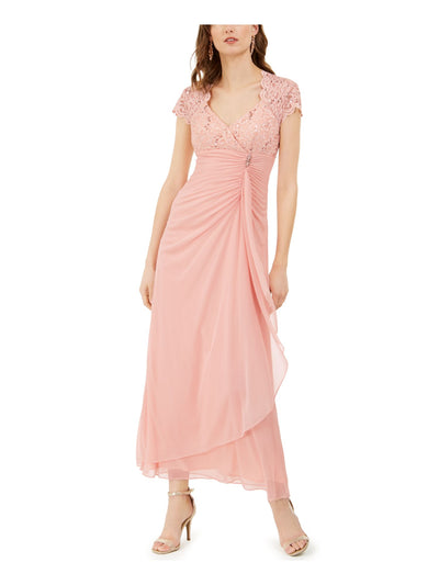 B&A  BY BETSY & ADAM Womens Pink Stretch Embellished Zippered Ruched Side Ruffle Open Back Short Sleeve Surplice Neckline Maxi Formal Gown Dress Petites 6P