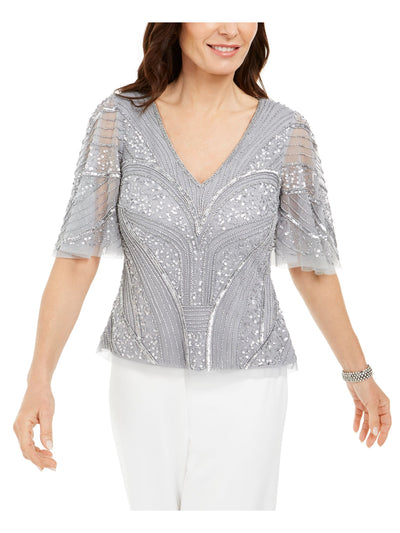 ADRIANNA PAPELL Womens Silver Embellished Flutter V Neck Party Top 4