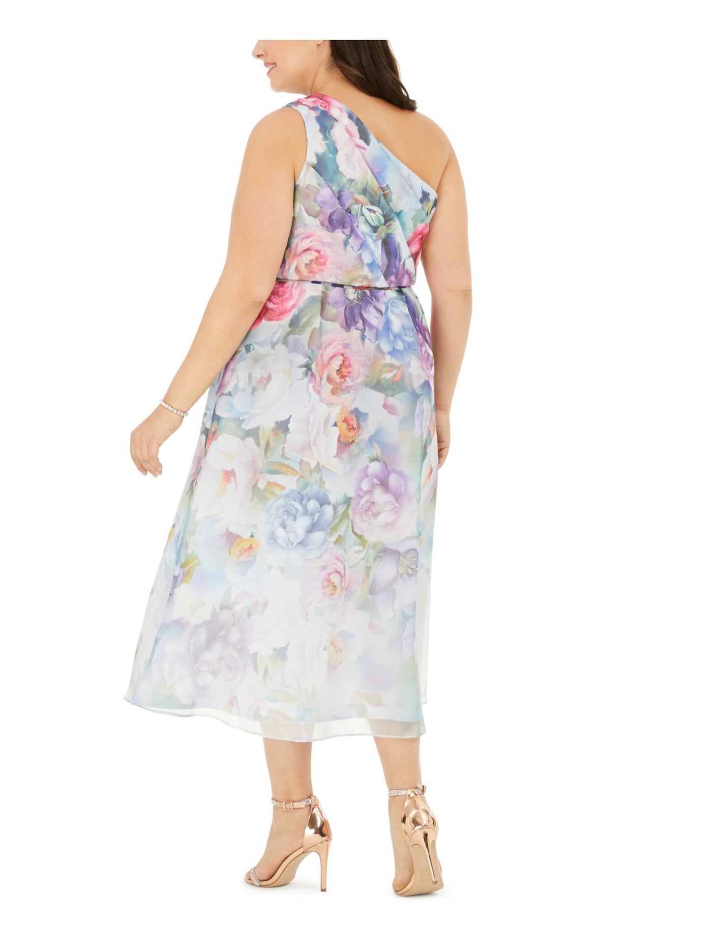 ADRIANNA PAPELL Womens Light Blue Sheer Floral Sleeveless Asymmetrical Neckline Below The Knee Pencil Dress Plus 18W