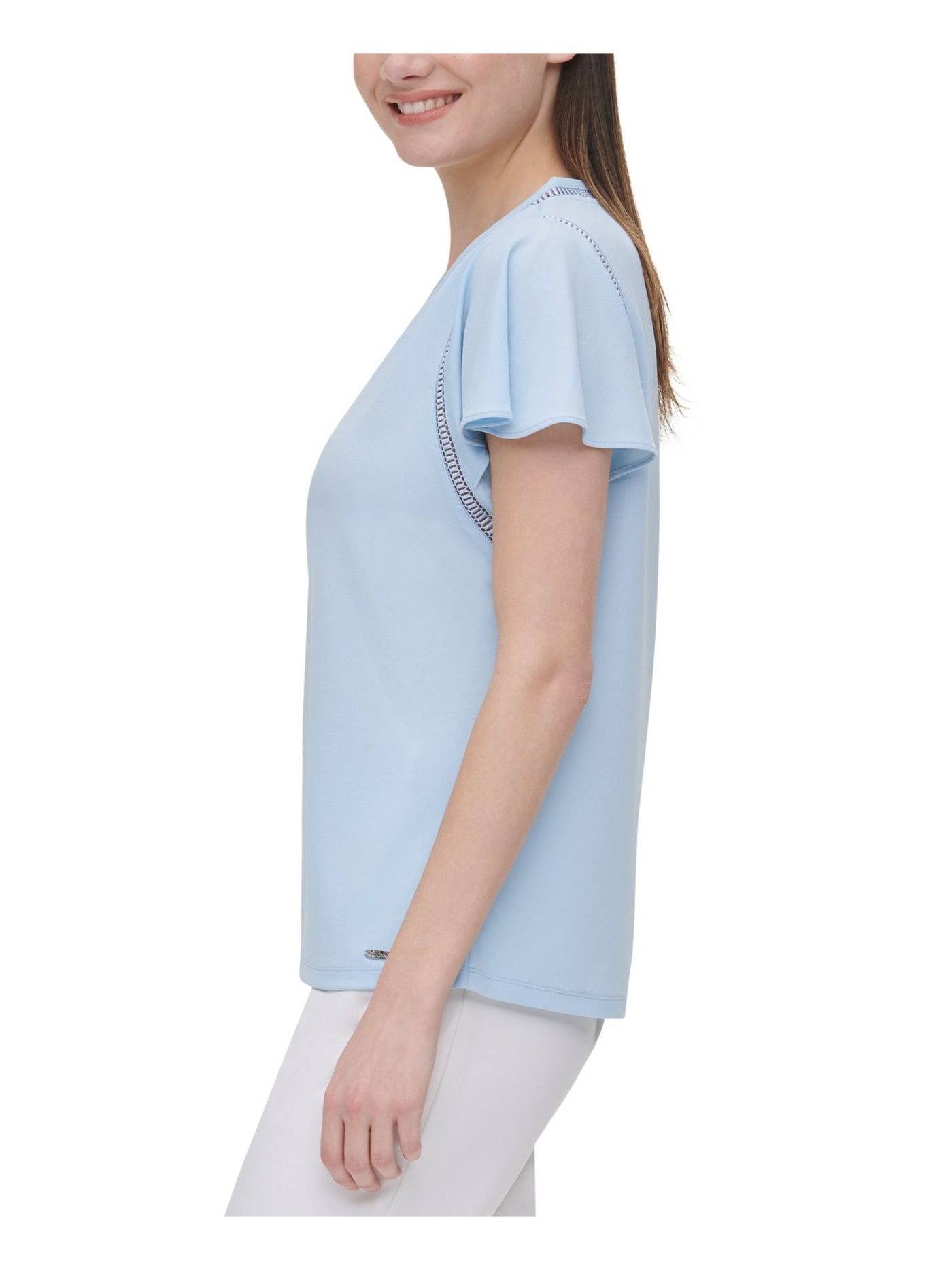 CALVIN KLEIN Womens Light Blue Short Sleeve V Neck Top XS